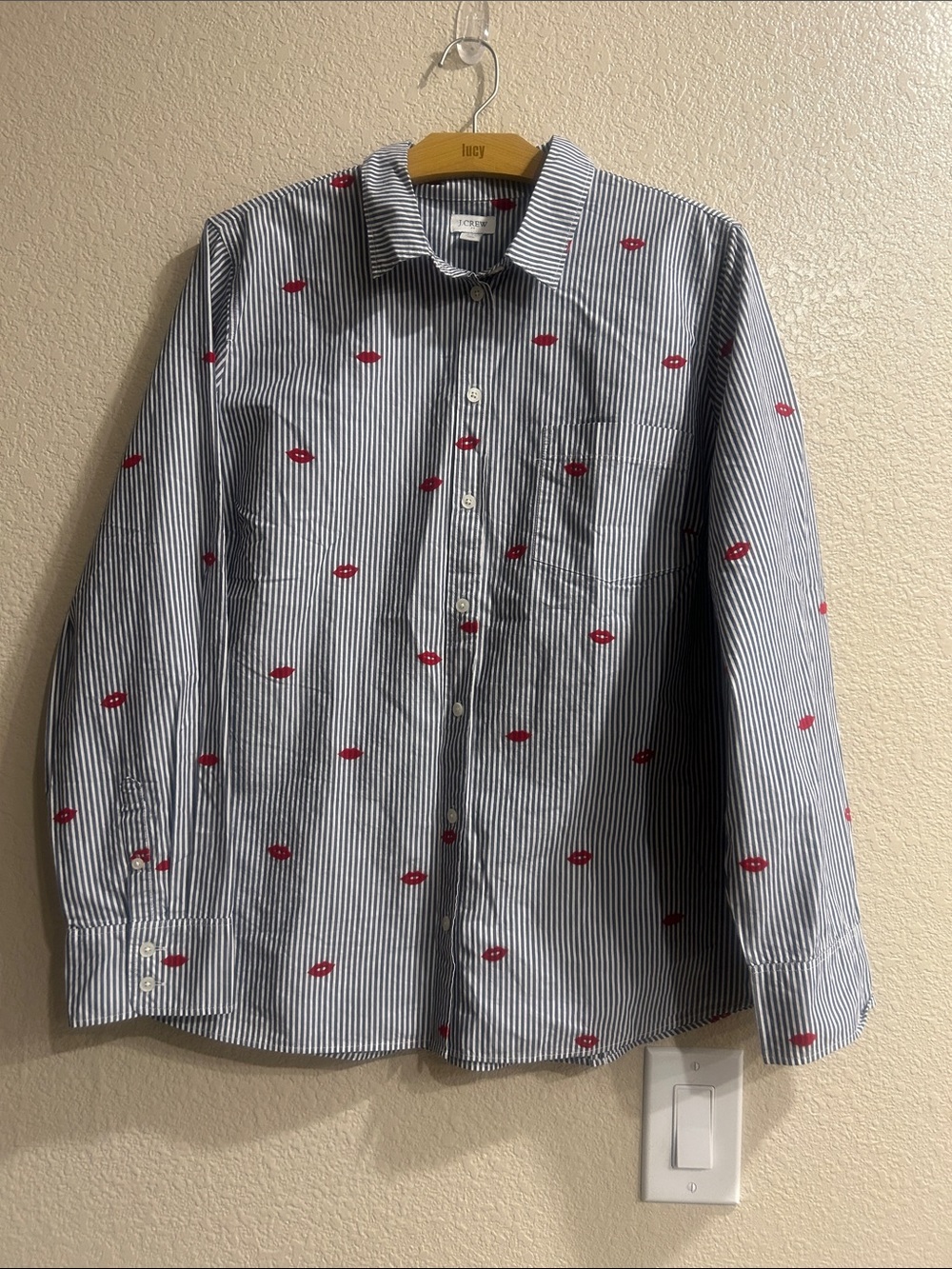 J. Crew Blue and White Striped Button-Down Shirt with Red Lip Motif
